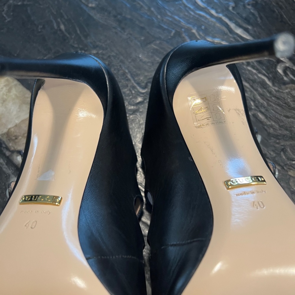 Gucci Black Leather Strappy Pointed-Toe Heels with Gold Buttons - Picture 7 of 11